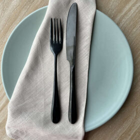 flax linen napkin, sage matte crockery and matte black cutlery