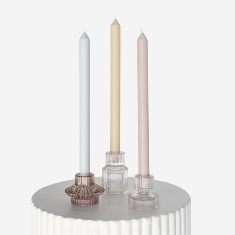 Antique Etched Glass Candle Holder Set With Summer Pastel Taper Trio 3
