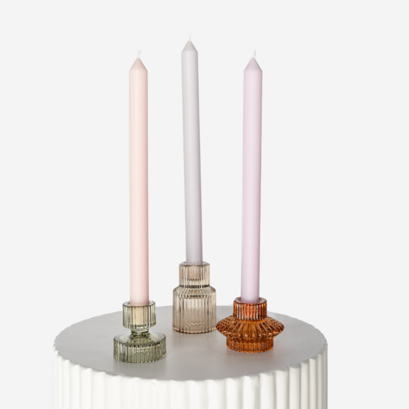 Autumn Etched Glass Candle Holder Set With Soft Pastel Taper Trio 3