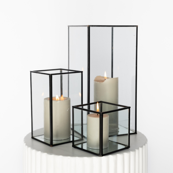 Black Geometric With Eucalypt Pillar candle Trio