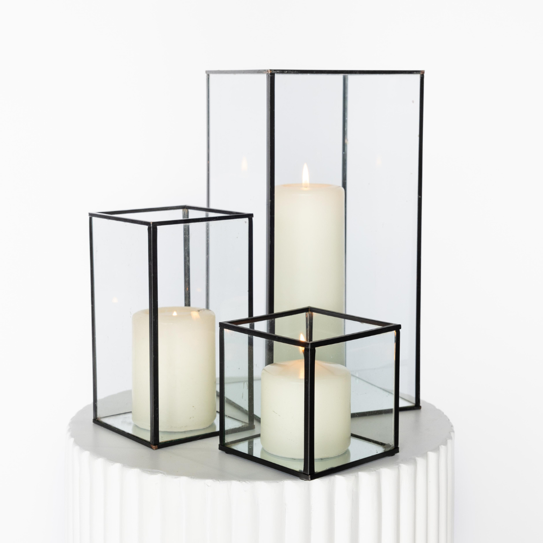 Black Geometric With Ivory Pillar Candle Trio