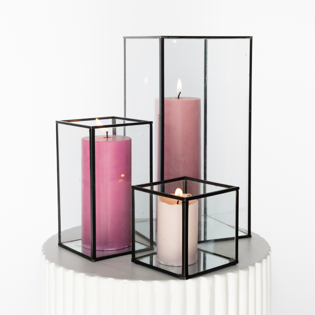 Black Geometric With Pink Pop Pillar Candle Trio