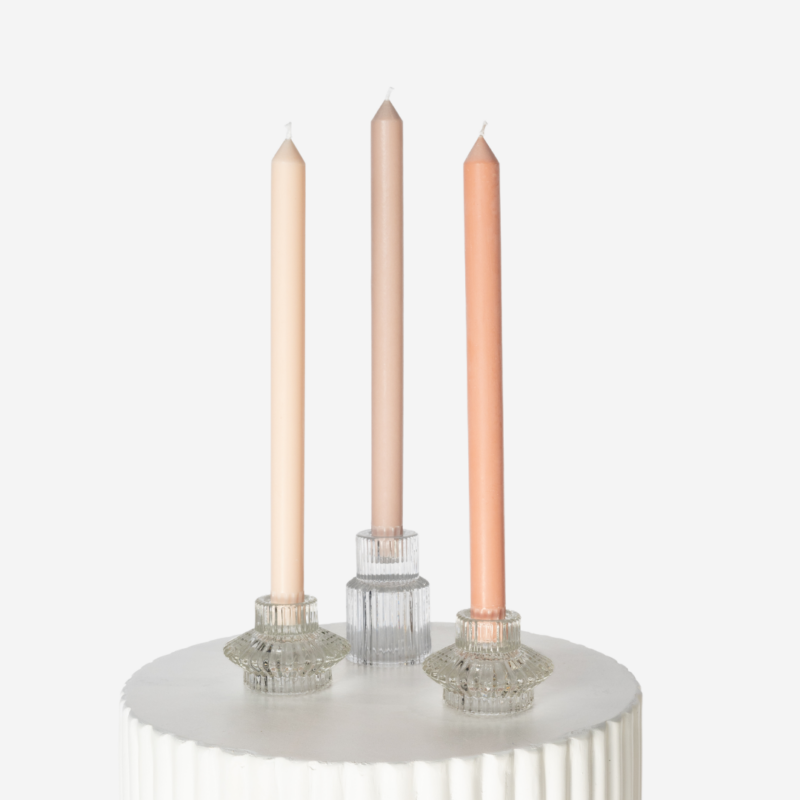 Clear Etched Glass Candle Holder Set With Antique Pink Taper Trio 3
