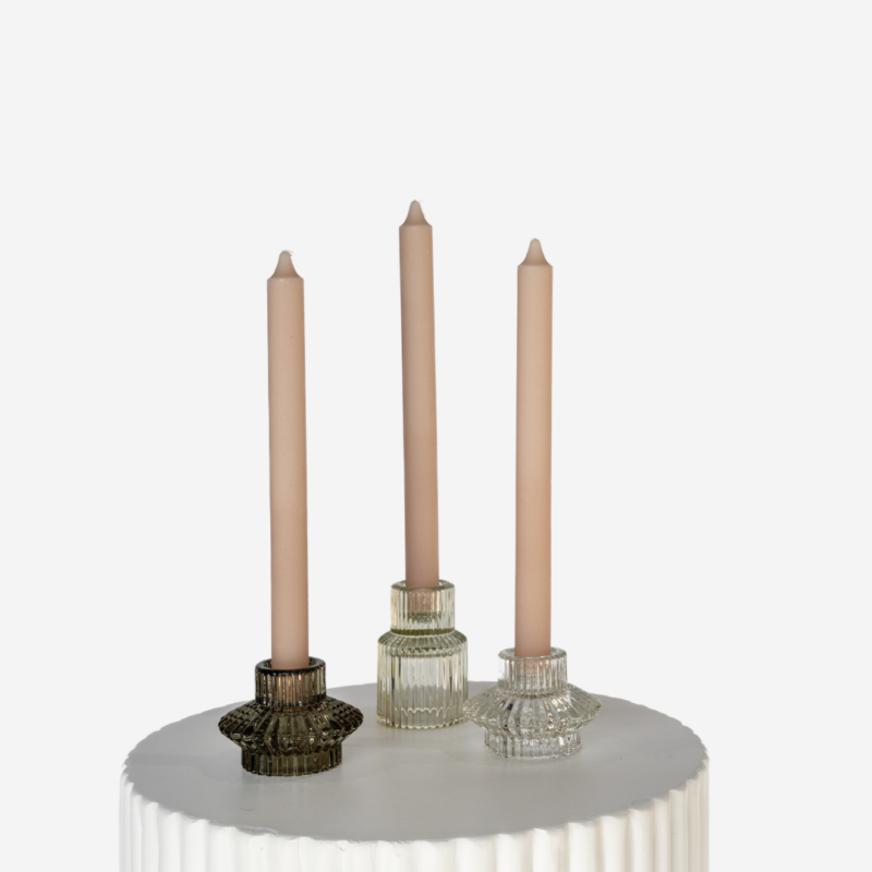 Forest Etched Glass Candle Holder Set With Latte Taper Trio 3