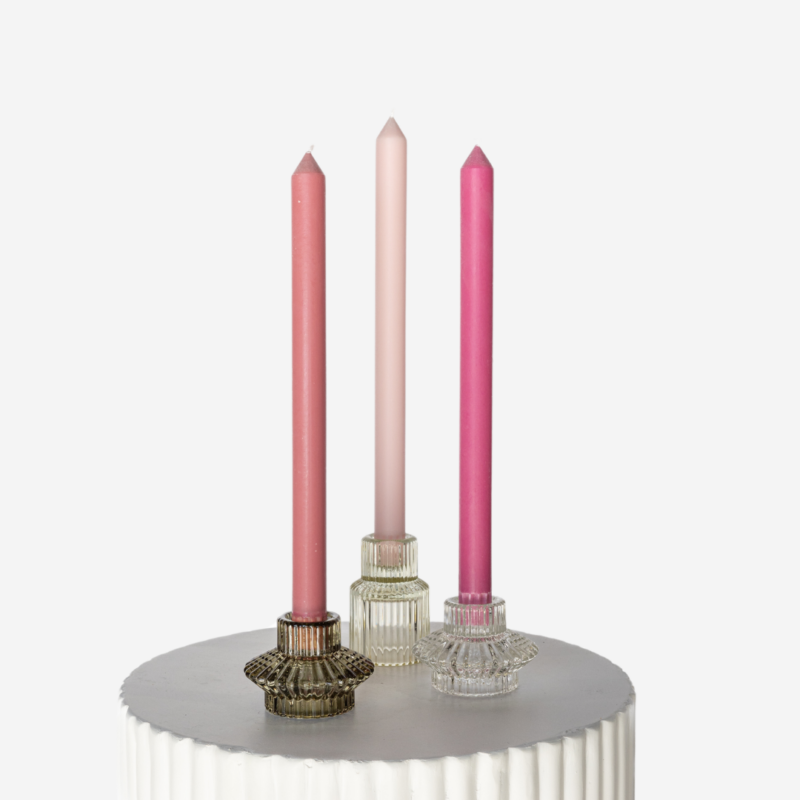 Forest Etched Glass Candle Holder Set With Pink Pop Taper Trio 3
