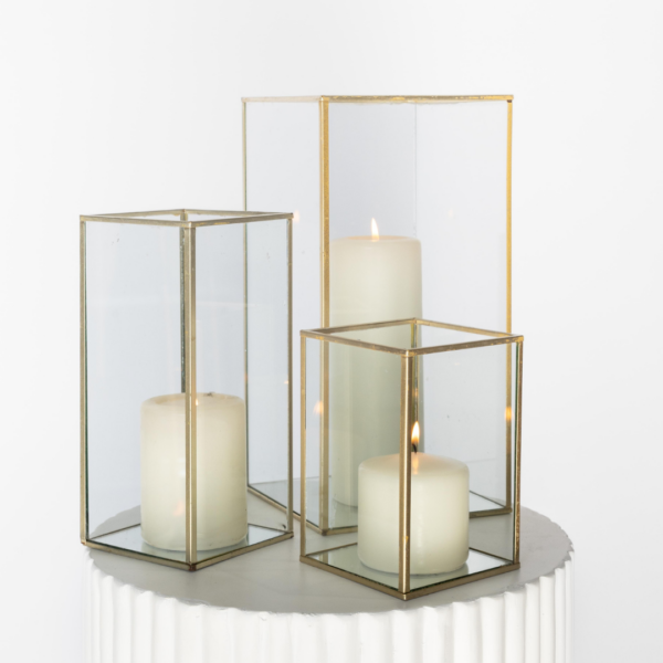 Gold Geometric With Ivory Pillar Candle Trio