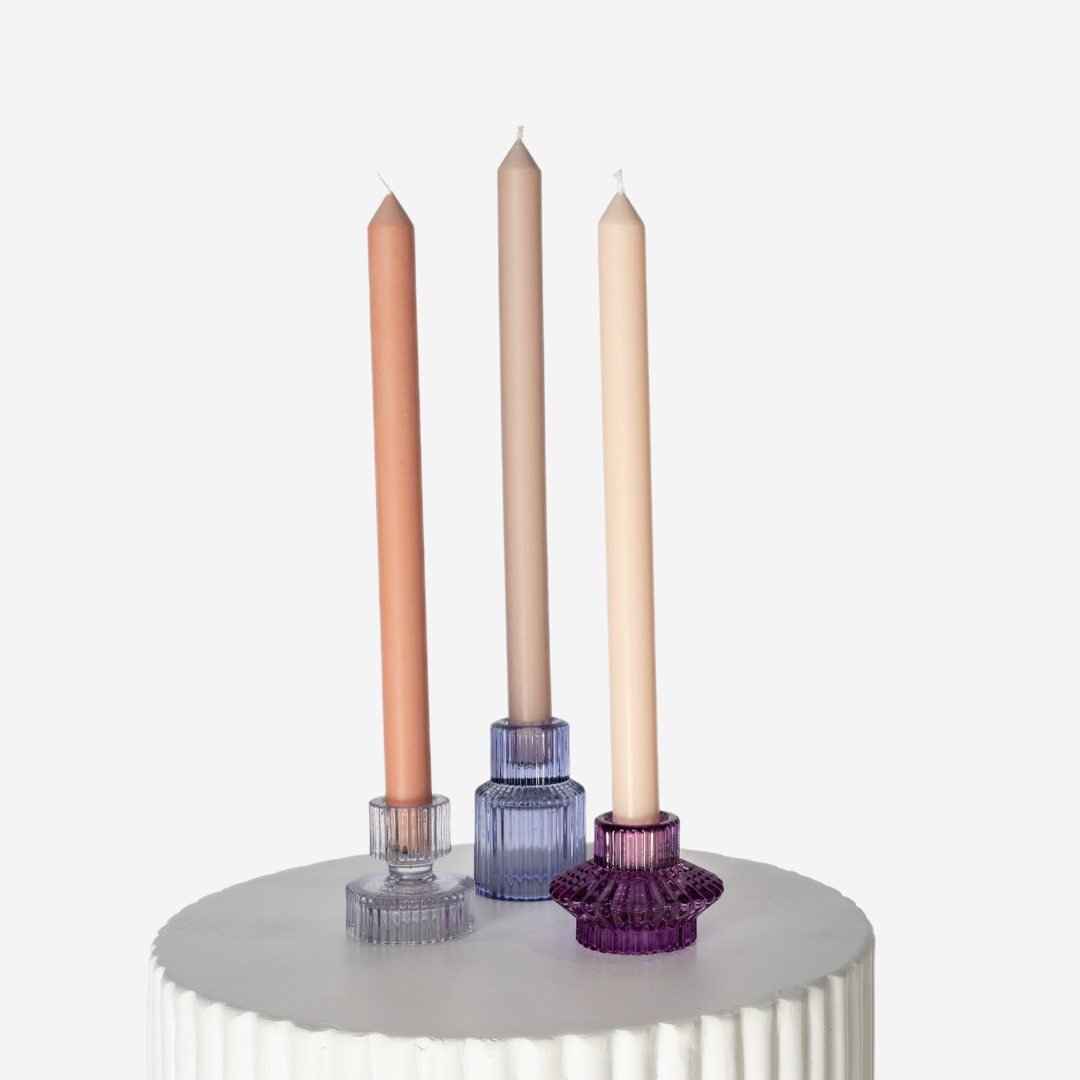 Lavender Etched Glass Candle Holder Set With Antique Pink Taper Trio 3
