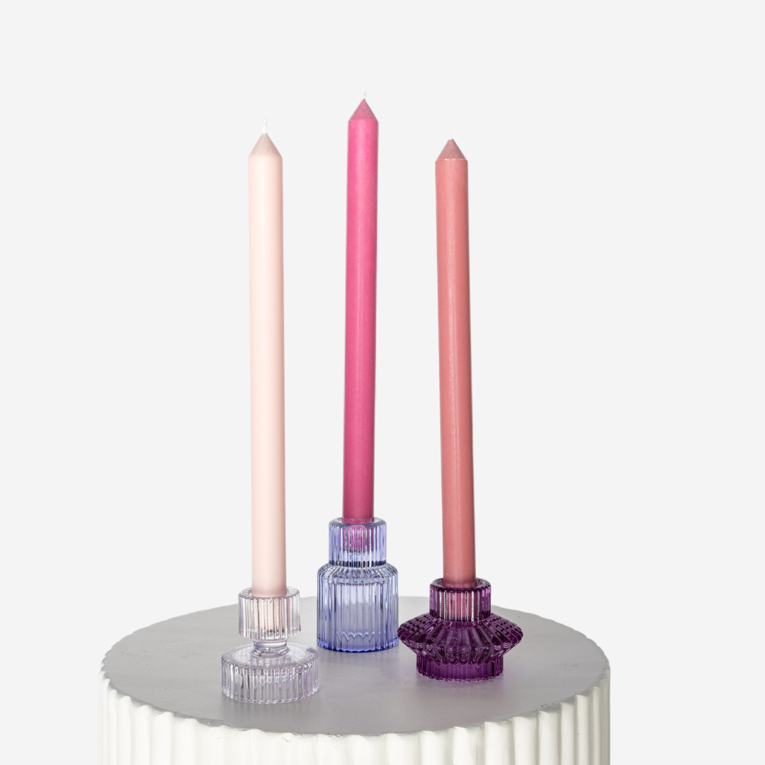 Lavender Etched Glass Candle Holder Set With Pink Pop Taper Trio 3