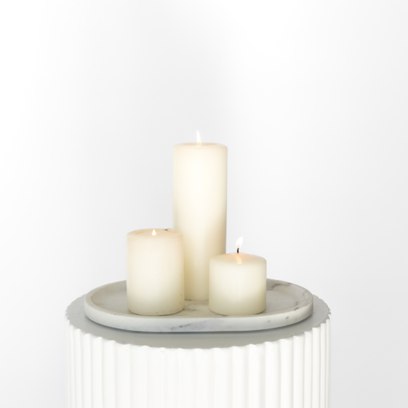 Marble Plate With Ivory Pillar Candle Trio