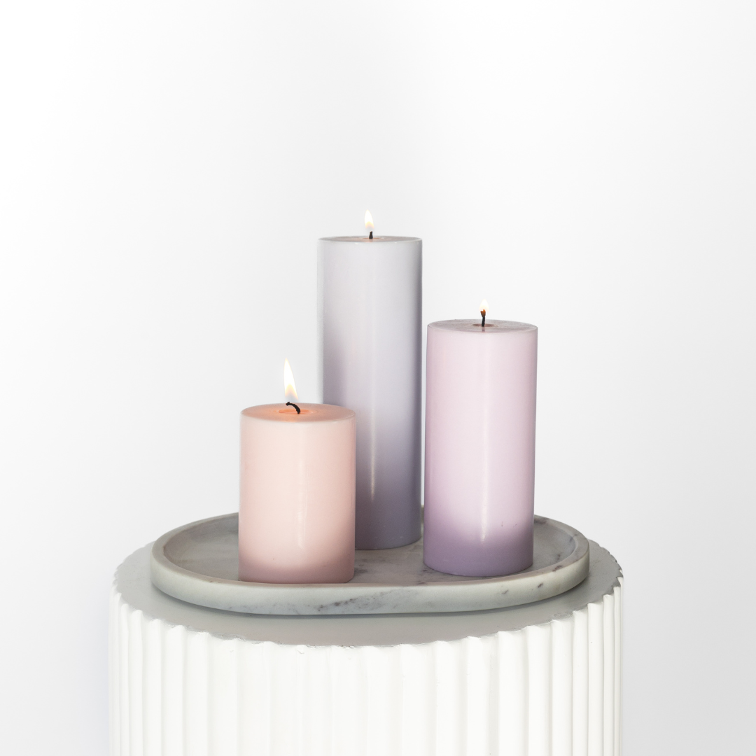Marble Plate With Soft Pastel Pillar Candle Trio