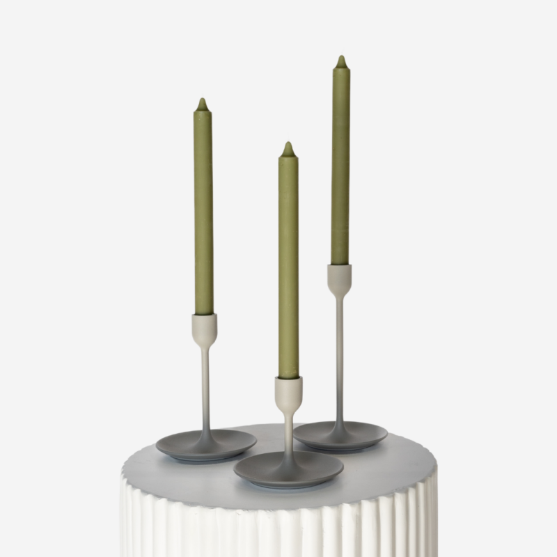 Matte Grey Candlestick Set With Moss Green Taper Candle Trio 2