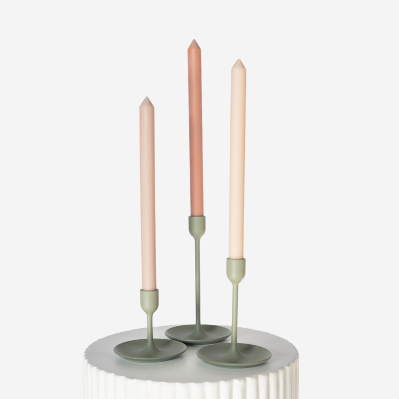 Matte Sage Green Candlestick Set With Antique Pink Taper Candle Trio 2