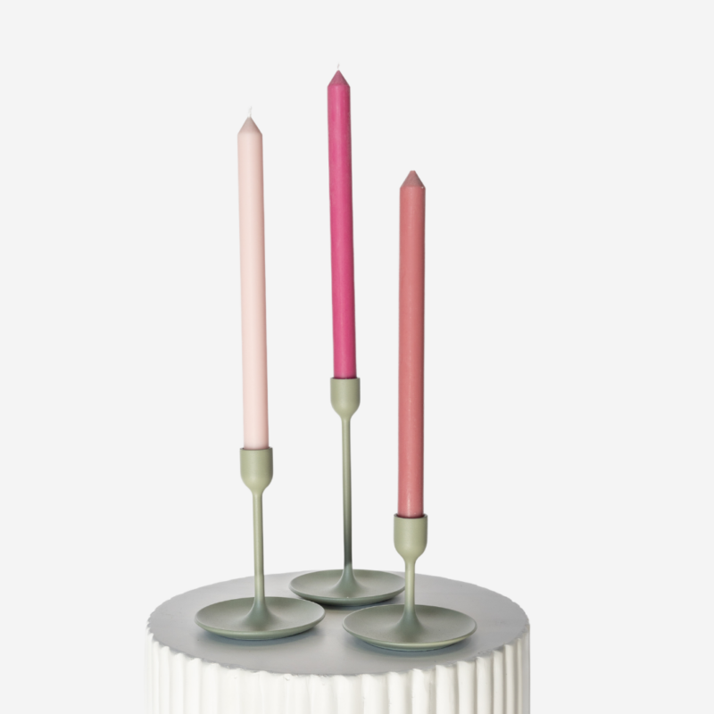 Matte Sage Green Candlestick Set With Pink Pop Taper Candle Set 2