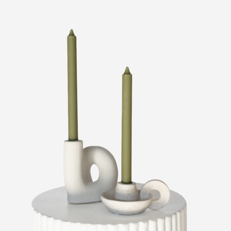 Nordic Candle Holder Set With Moss Green Taper Candle Duo 2