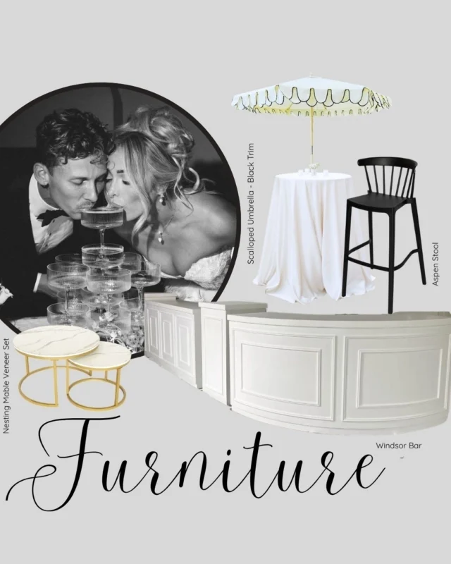 Are you dreaming of a wedding that embodies the timeless elegance of Old World style? Look no further... Our expert stylists have curated a stunning collection of furniture hire elements that will help you bring this vision to life!
*
Our Nesting Marble Veneer Coffee Table Set is the perfect pick to compliment lounging area; whilst the the Scalloped Amalfi Umbrellas, paired with a linen covered bar table, are ideal for outdoor settings that need a hint of shade while still oozing elegance. 
*
But! Let’s not forget our new Windsor Bar. This beauty will be hitting our hire range in time for the upcoming wedding season! This grand bar will come in both a chic White and Willow green finish.