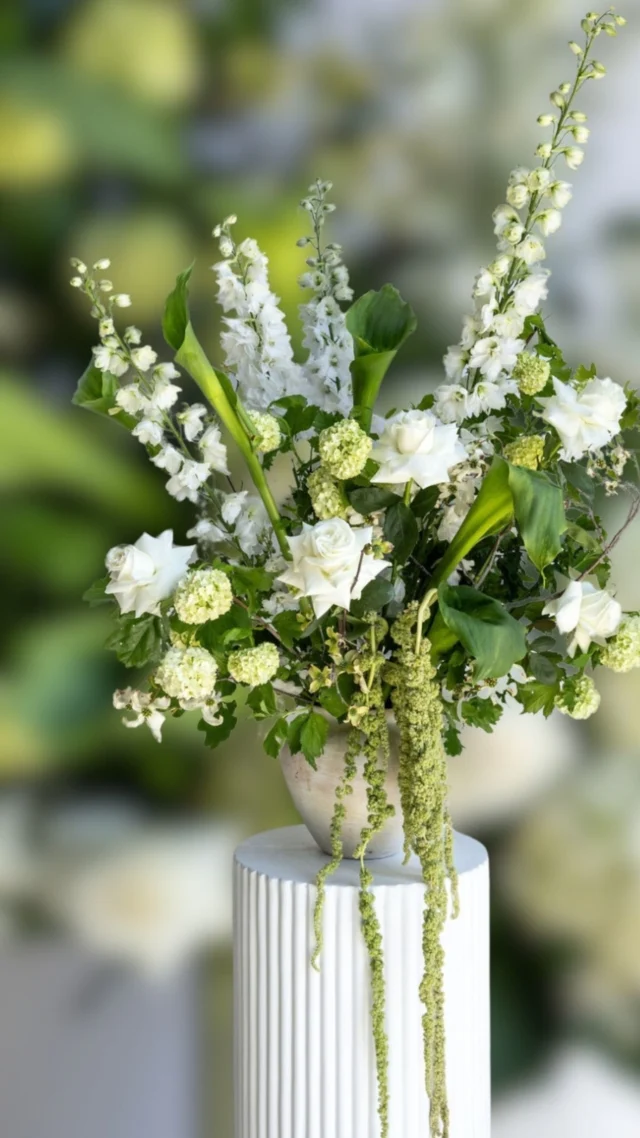 Our Modern White & Green Feature Arrangements are a contemporary take on the classic white & green floral arrangements. 
*
Architectural and asymmetric in shape, our florists craft a unique design for each arrangement through the use of the interesting shapes, lines and textures of the floral materials.
*
Our feature florals are perfect for placement upon the bar, a gift or wishing well table - or just that perfect spot within a venue that just needs that something extra to bring the floral vibes!