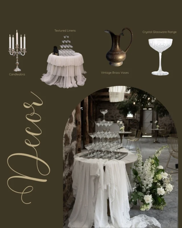 One of the greatest wedding styling trends right now is the stunning champagne tower! 
*
Not only does it serve as a delightful beverage feature but also creates an unforgettable visual centrepiece for your special day. Our styling team specialises in crafting styled feature areas, including champagne tables! 
*
We can assist you in selecting one of our café tables from the range, adding linen or draping, and providing vintage coupes so you can create rows of bubbly goodness. 
*
To elevate this feature area even further, consider incorporating decorative brass candle holders or a luscious base floral.
*
*
*
Photography @free the bird @fleurandfind
Venue @woolbrookhomestead
Styling & Florals @elderberryevents_