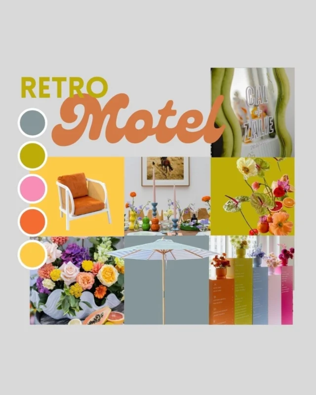 Retro Motel is all about colour! 
*
Delve into the vibrant pallet of the 1950's motel with avocado green, bright citrus, pale pinks and powder blues. Think edgy attire, curved furniture, shaped mirrors, contrasting décor and a whole lot of fun.
*
Chat with our stylists today and let us help you bring funky retro vibes to your next event.